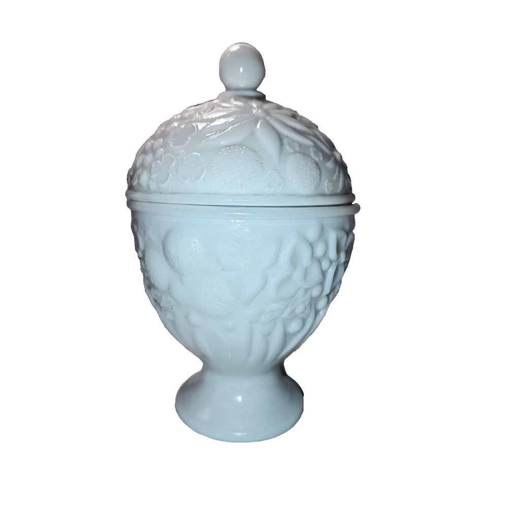 Avon Vintage White Milk Glass Candy Dish & Lid Floral Decoration Footed Bottom
